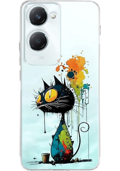 Vivo Y18 İle Uyumlu Splash Kedi Tasarımlı Şeffaf Silikon Kılıf Şeffaf