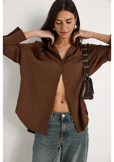 Shade Kadın Düşük Omuz Oversize Basic Bürümcük Gömlek 60392 60271069 - Kahverengi