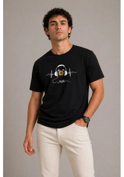 Efnaz Style Erkek Müzik Temalı Baskılı Tişört Bisiklet Yaka Kısa Kol T-shirt - Siyah
