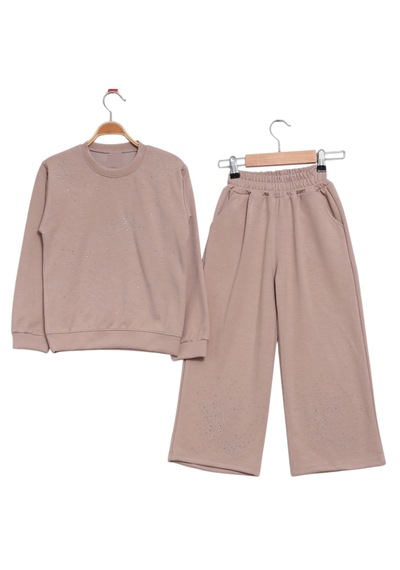 Irem Kız Çocuk Üzeri Full Taş Detaylı Bol Paça Pantolon Modelli Pudra Renk İkili Takım Pudra Irem Kız Çocuk Üzeri Full Taş Detaylı Bol Paça Pantolon Modelli Pudra Renk İkili Takım Pudra