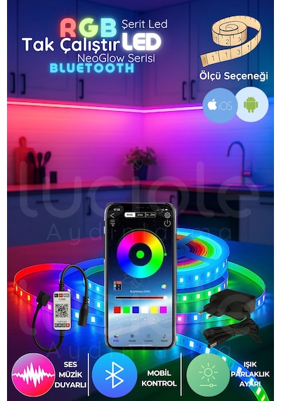3 Metre Neoglow Serisi Rgb Led Şerit Bluetooth Kontrollü 12v Işık Bandı 60 Çipli Tak Çalıştır