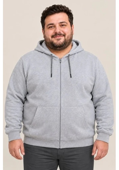 Zennamoda Erkek Battal Büyük Beden Üç İplik İçi Şardonlu Kapüşonlu Tam Fermuarlı Kışlık Sweatshirt - Gri
