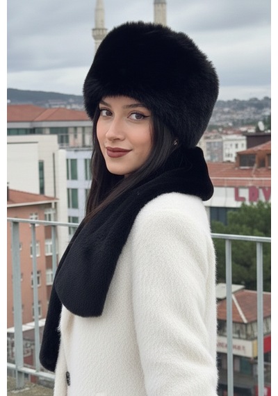 Mollycrush Peluş Kalpak Atkı Eldiven 3'lü Set Kadın Kışlık Siyah Suni Kürklü 3'lü Takım Siyah