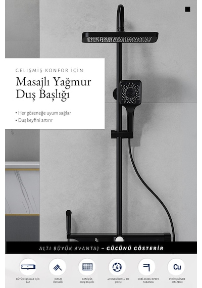 Zift Unique Premium Siyah Duş Sistemi Seti - 4 Fonksiyonlu Yağmur Duş Başlığı, Temperli Cam Raf, Masajlı El Duşu Siyah