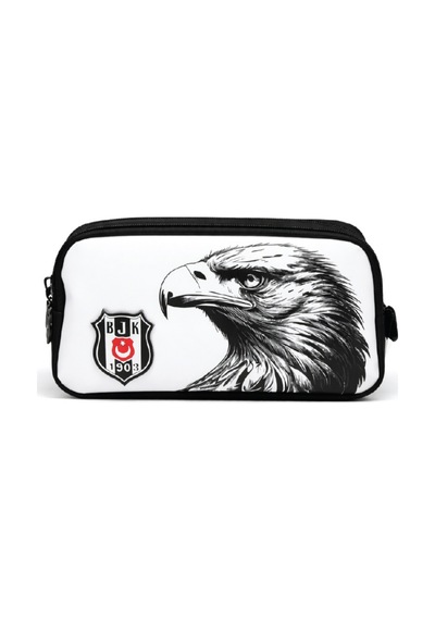 Beşiktaş Lisanslı Çift Bölmeli Kartal Desenli Kalemlik - Rubber Logolu Su İtici Kumaşlı Kalem Kutusu renkli