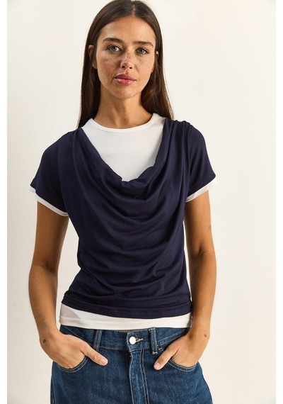 Shade Kadın Çift Kat Görünümlü Degaje Yaka Kısa Kol T-shirt 6140 60286132 - Lacivert