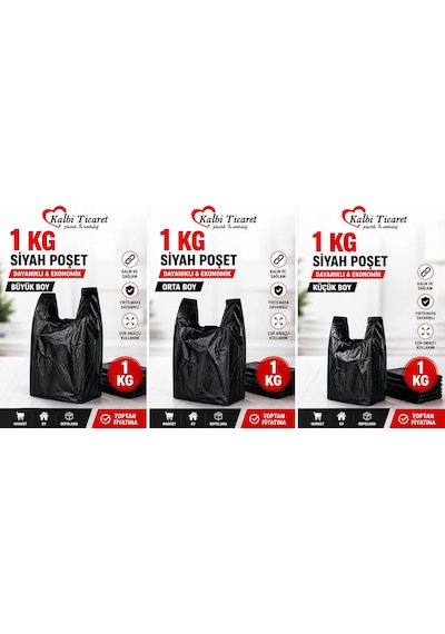Siyah Kalın Poşet 3'lü Set Küçük, Orta, Büyük 3 Kg Market Manav Poşeti Hışır Atlet Poşet Çöp P
