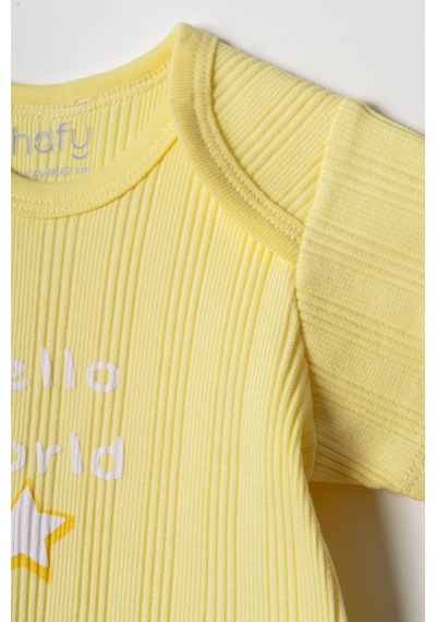 Hafy Baby Hello World Nakışlı, Zarf Yaka, 2 Li Yazlık Bebek Body / Zıbın Takımı Sarı - Beyaz