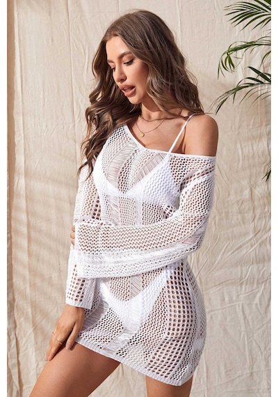 Angelsin Örme Pamuk Uzun Kollu Pareo Plaj Elbisesi Kimono Kaftan 001