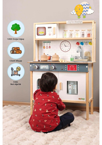 Ledli Ahşap Oyuncak Mutfak ~ Montessori Mutfak, Çocuk Mutfağı, Hediye Halı DBK101