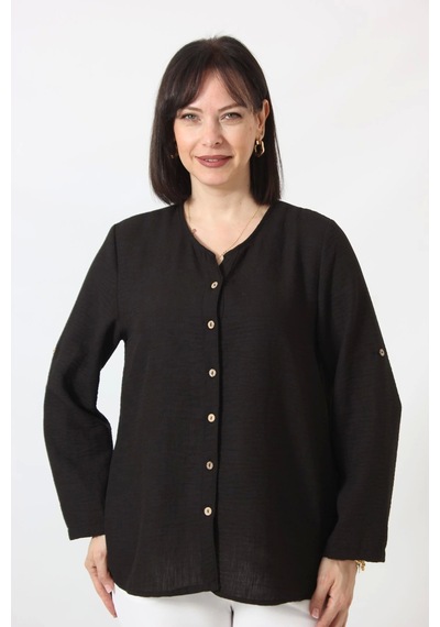 Moda Berray Sb-0169 Keten Kolu Apoletli Sıfır Yaka Büyük Beden Siyah Gömlek Siyah