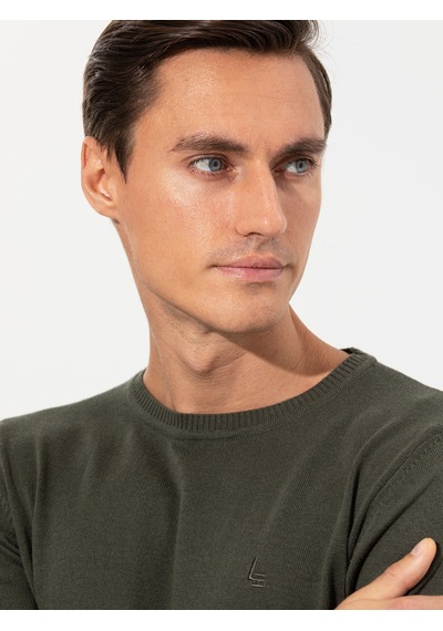 Cacharel Haki Slim Fit Bisiklet Yaka Basic Triko Kazak Yesıl