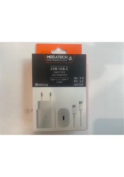 Megatech Mt-25w Qc:3.0 Pd:3.0 Ev Şarj Kafa+ Type-c To Type-c Şarj Kafası Hızlı Şarj