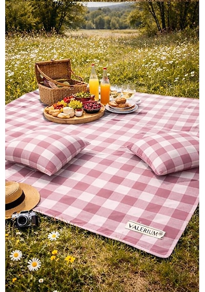 Valerium Sıvıya Ve Lekeye Dayanıklı Silikon Dolgulu Piknik Seti 170x170cm + 2 Minder Pembe
