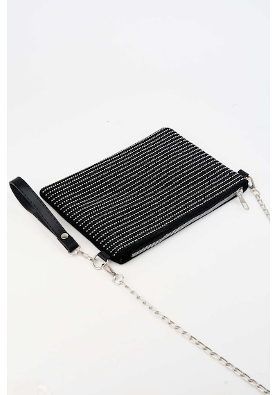 Vivaq Kadın Sıralı Gümüş Taşlı Süet Bilek Askılı Ve Zincir Askılı Portföy El Ve Clutch Çanta SİYAH