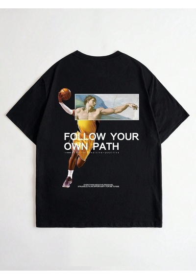 Follow Your Path Süprem T-shirt - Siyah Baskılı Oversize Bisiklet Yaka Tişört Siyah
