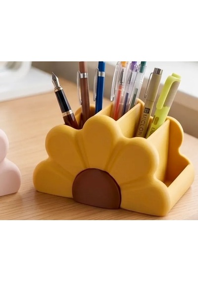 3d Baskı Çiçek Formlu Masaüstü Organizer Makyaj Fırçalığı Ve Kalemlik Papatya Desenli Bölmeli - Sarı Çok Renkli