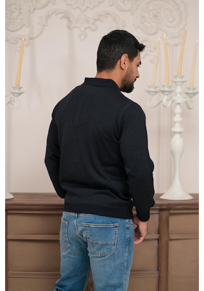 Woolen World Polo Yaka Desenli Yünlü Erkek Triko Kazak Lacivert