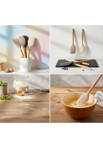 Bambu Saplı Silikon Dar Sıyırma Spatulası, Bambu Uzun Silikon Dar Spatula 27cm 3 Renk Seçenekli Siyah Çok Renkli
