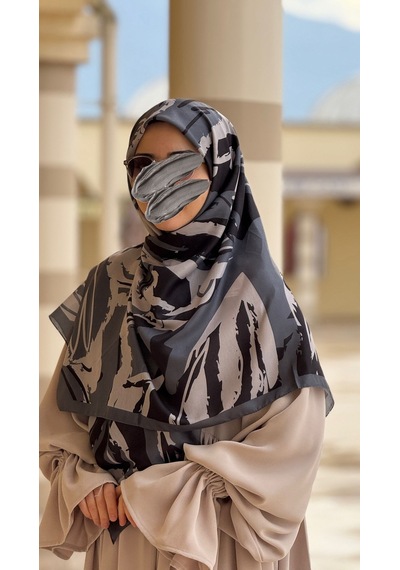 Qalortex Scarf Pamuklu Soft Âmine Desen Eşarp-siyah/gri