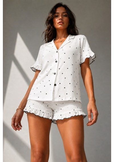 Kadın Süprem Gömlek Şort Düğme Beyaz Pijama Takımı