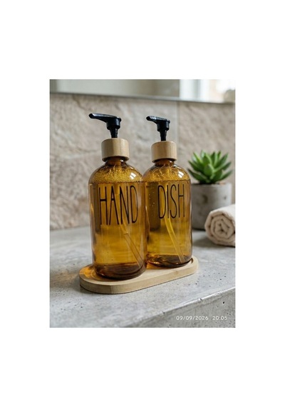 Bambu Stantlı Antrasit 2'li Cam Sıvı Sabunluk Seti 350ml Kahverengi Kahverengi