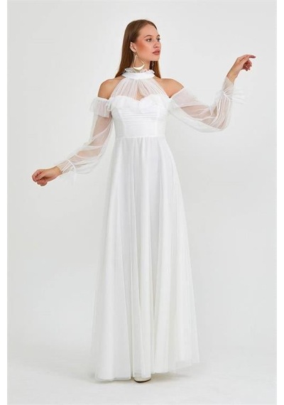 Dip Moda Dipmoda Kadın Beyaz Tül Drapeli Uzun Abiye Elbise Nbswll07 Beyaz