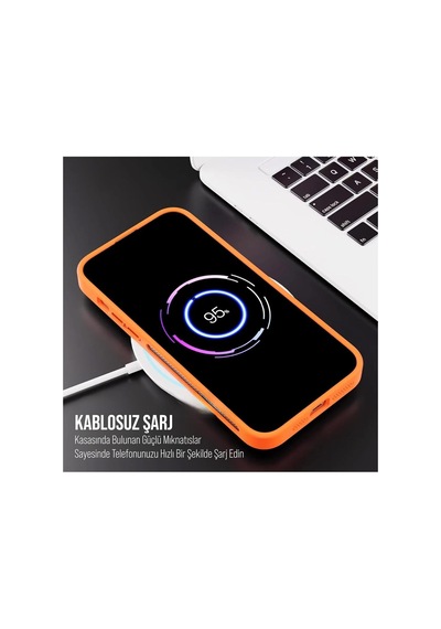İphone 11 Uyumlu Magsafe Kılıf Mıknatıslı Standlı Darbeye Dayanıklı Mat Şeffaf Arka Kapak Lens Hediyeli Turuncu