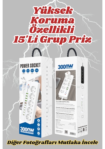 Pro P13 3000w Akım Korumalı 5 Girişli Type-c Ve Usb Girişli Uzatmalı Grup Priz 0.2 M