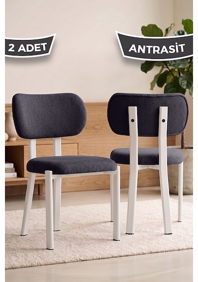 Arlesa Serisi 2 Adet Bukle Kumaş Beyaz Metal İskeletli Mutfak Sandalyesi Antrasit Sandaye Beyaz Ayak