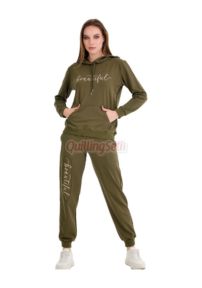 Lady Uzun Kol 22066 Kapüşonlu Ve Kanguru Cepli Haki Renk Kadın Spor Eşofman Takımı