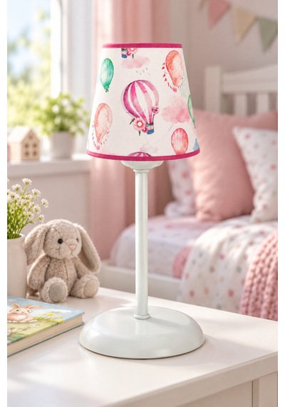 Bebek ve Çocuk Odası Konik Kumaş Abajur Masa Lambası Pembe Balon
