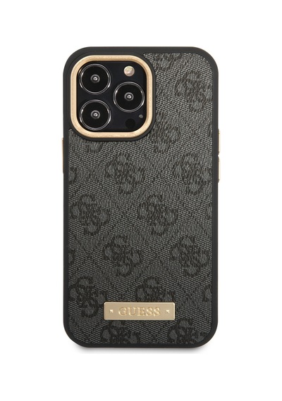 Apple Uyumlu iPhone 15 Pro Max Kılıf Guess Lisanslı M-safe 4g Desenli Pu Metal Plaka Logolu Siyah Siyah