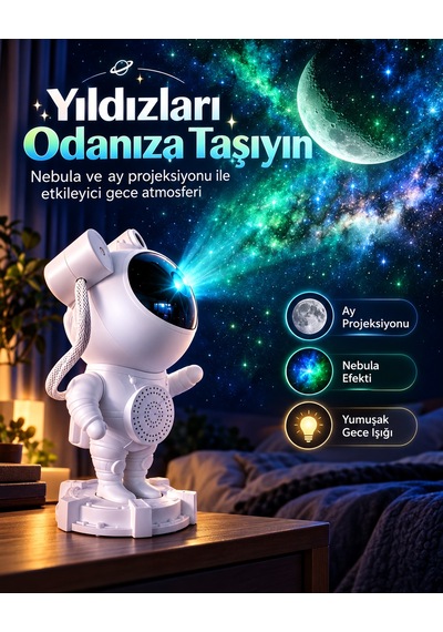 Astronot Yıldızlı Gökyüzü Projeksiyon Lambası Hoparlörlü Renkli Led Gece Lambası Dekoratif Işık Kumandalı Beyaz