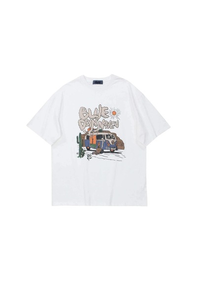Startmore Beyaz Blue Doin Baskılı Oversize Bisiklet Yaka Erkek Tişört Beyaz