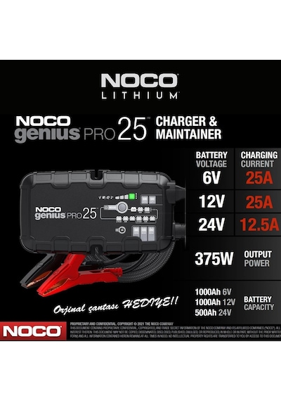 Noco Genius GENIUSPRO25 6-12-24V 25 Amper Lityum Akü Takviye Cihazı + Eva Çanta