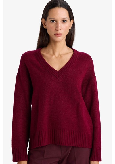 Defacto Oversize Geniş Kalıp V Yaka Kazak G2141ax26spbr327 Bordo-br327
