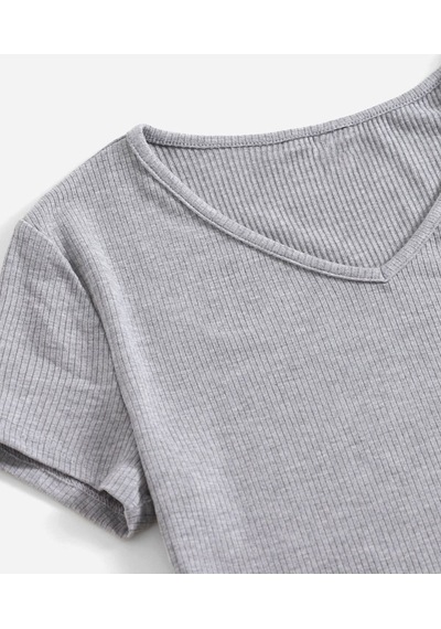 Liona V Yaka Gri Renk Fitilli Kısa Kollu Slim Fit Crop Top Bluz Gri