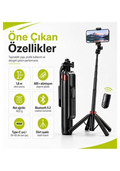 1,8 Metre Bluetooth Selfie Çubuğu Tripod Uzaktan Kumandalı 360 Döner Type-c Şarjlı