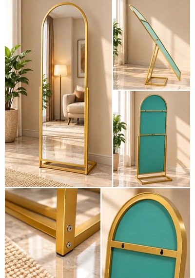 Boy Aynası Gold Metal Çerçeveli Ayarlanabilir Ayaklıdekoratif Ayna 60x190 Cm Altın