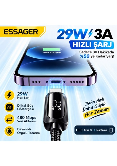 Essager 29w Pd Dijital Göstergeli Type-c To Lightning Hızlı Şarj Ve Data Kablosu 3a 480mbps Örgülü