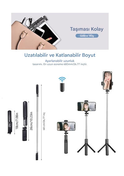 S03 Tripod Bluetooth Kumandalı Selfie Çubuğu 360 Fotoğraf Video