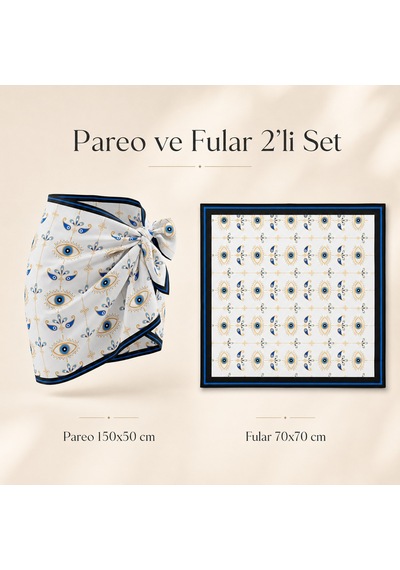 Tarzını Seç Beyaz Göz Desenli 2 Li Kısa Pareo Ve Bandana Seti 150x50 Cm / 70x70 Cm
