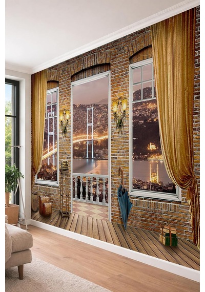 Tuğla Duvarlı İstanbul Boğazı Manzaralı 3d Teras Tekstil Duvar Kağıdı, 100 X 100 Diğer