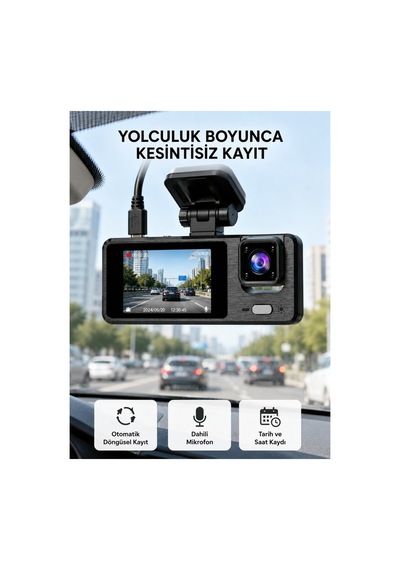 Astraltech 3 Kameralı Araç Dvr 1080p Ön + Hd Arka + İç Kamera Döngü Kayıt 2 Ekran