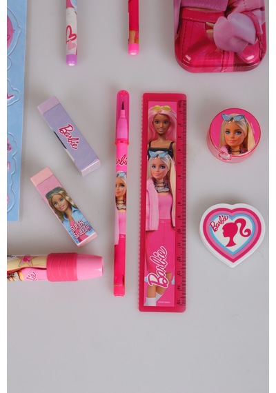 X Dekomus Lisanslı Barbie 12 Parça Kırtasiye Seti Kalem Kutusu,ponponlu Geçmeli Kalem,ponponlu Geçmeli Kalem Ve Basmalı Silgi Seti Altın