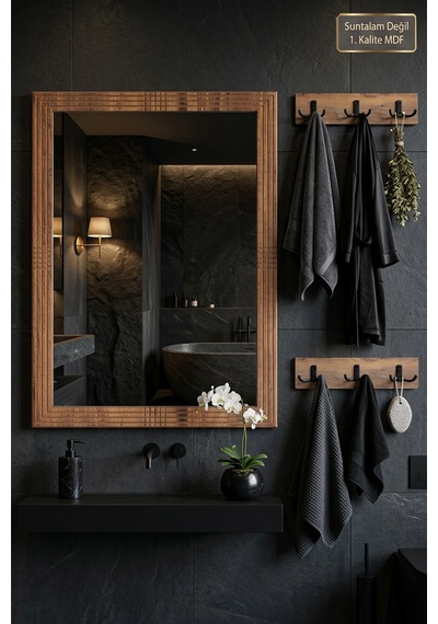 Antik Ahşap Dekoratif 3 Parça Banyo Lavabo Mutfak Aynası Raflı Aynalı Askılık Set Portmanto Oda Duvar Antre Hol Raflı Askılı Ayna Srn-17x Atlantik Çam