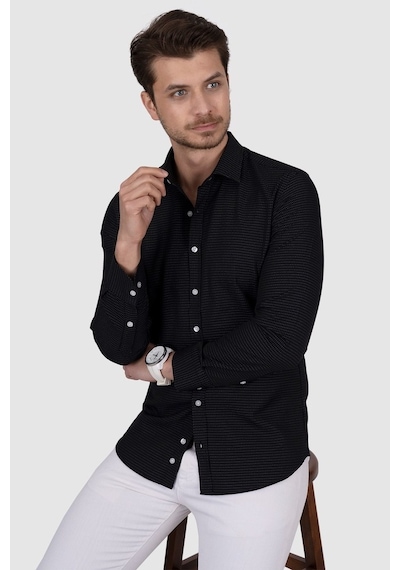 Beyaz Nokta Desenli Siyah Slimfit Erkek Gömlek Siyah