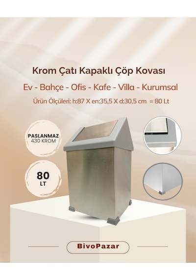 Krom Sallanır Çatı Kapaklı Çöp Kovası 80 Lt Krom