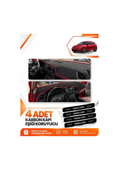 Seat Leon 2013-2020 Uyumlu Ön Torpido Koruma Koruyucu Kılıfı Halısı Örtüsü - Siyah Kırmızı